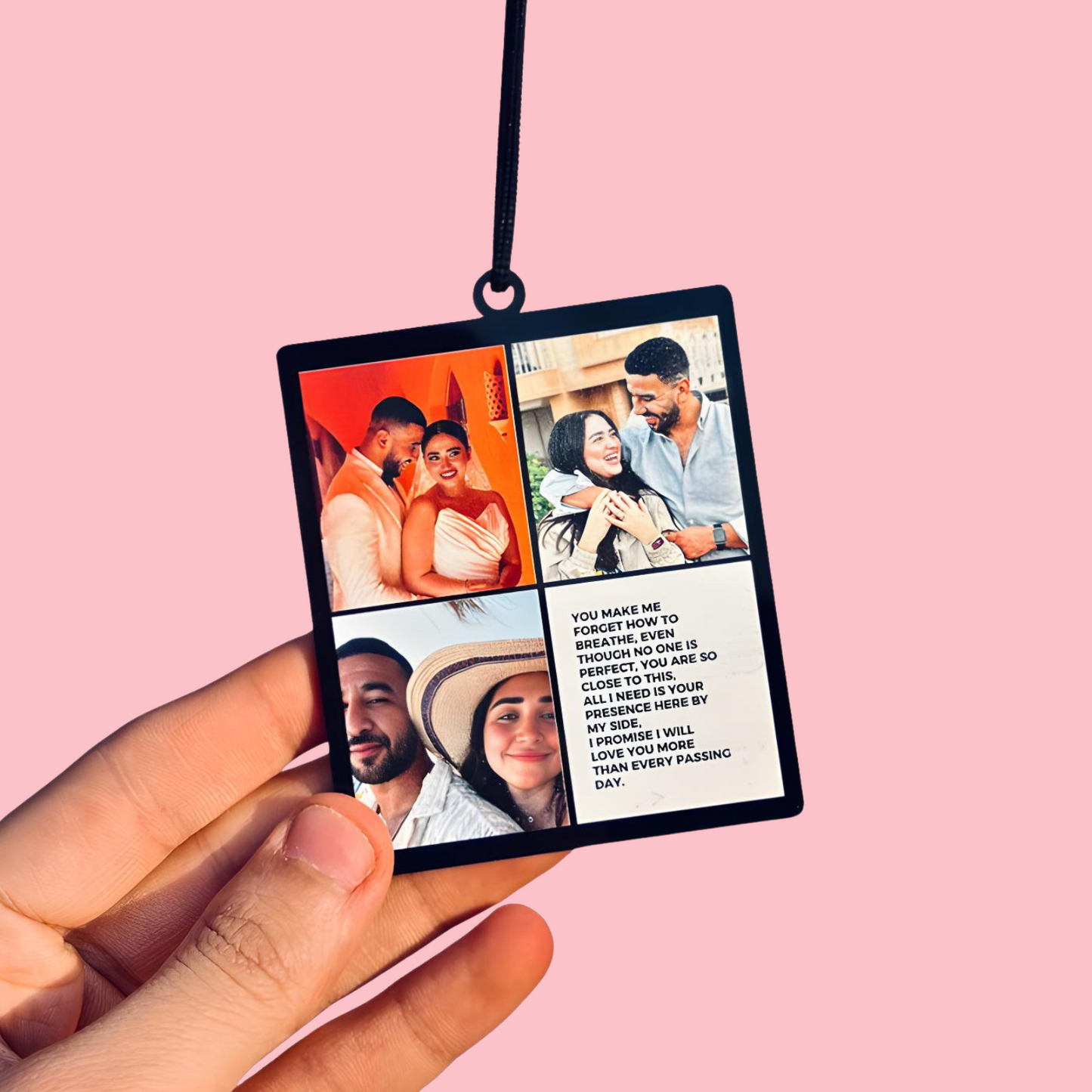 6 photos in an car pendant with two long messages.