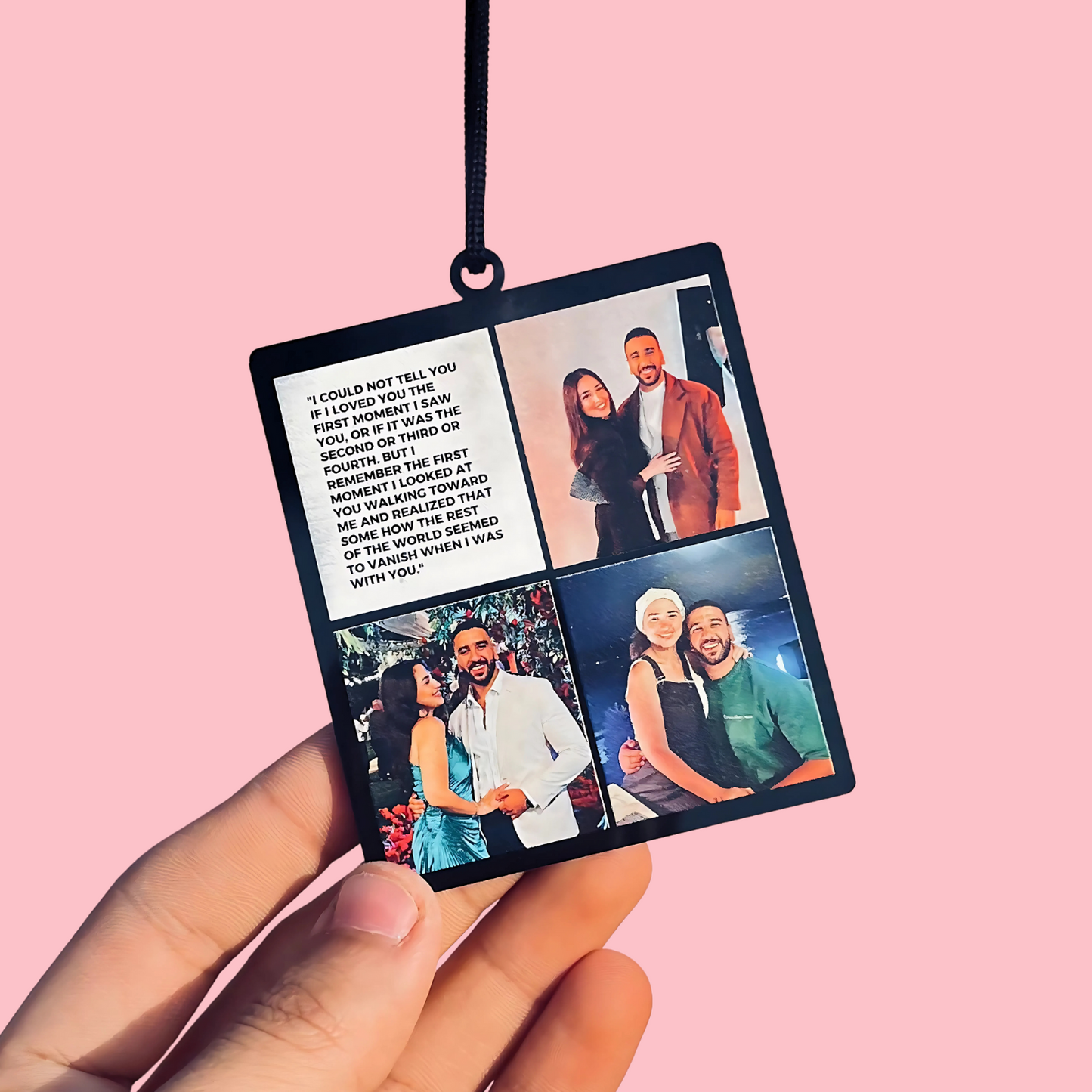 6 photos in an car pendant with two long messages.