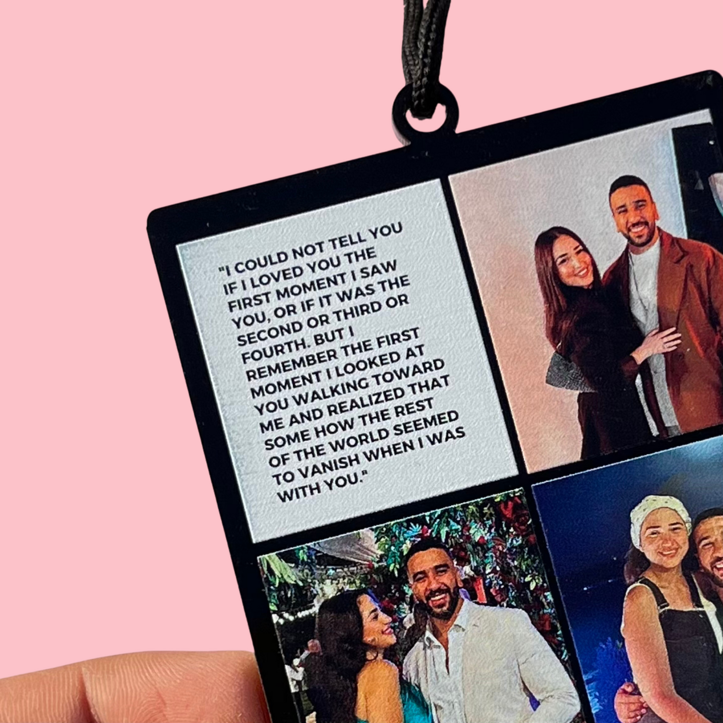 6 photos in an car pendant with two long messages.