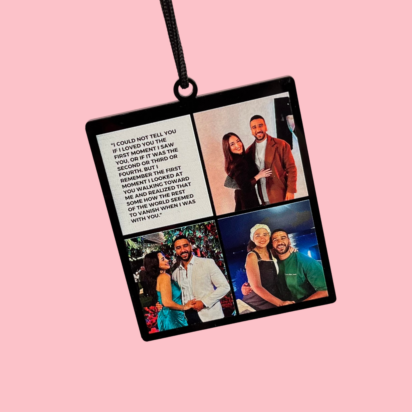 6 photos in an car pendant with two long messages.