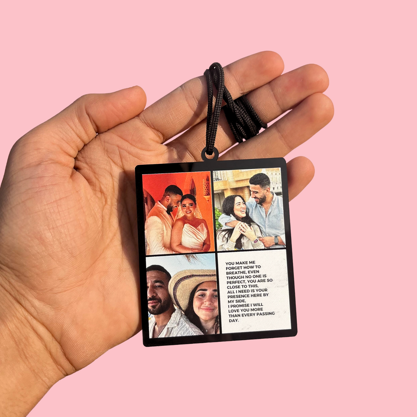 6 photos in an car pendant with two long messages.