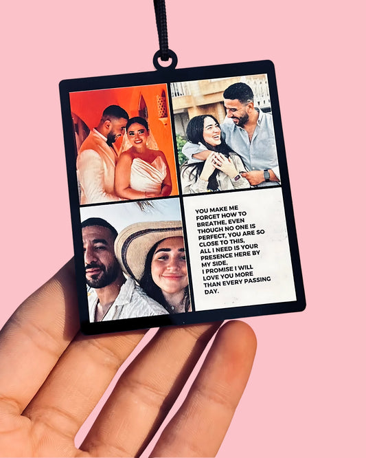 6 photos in an car pendant with two long messages.