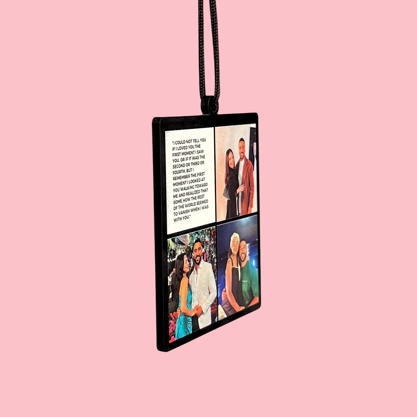 6 photos in an car pendant with two long messages.