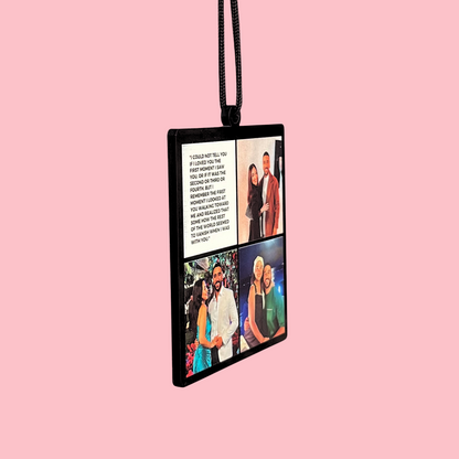 6 photos in an car pendant with two long messages.