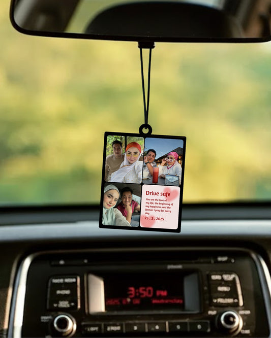 3 photos in an car pendant with A long messages.