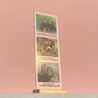 Acrylic stand with 3 photos and 3 quotes.