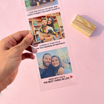 Acrylic stand with 3 photos and 3 quotes.