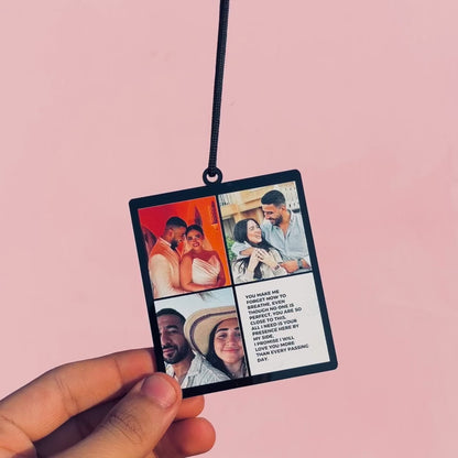 6 photos in an car pendant with two long messages.